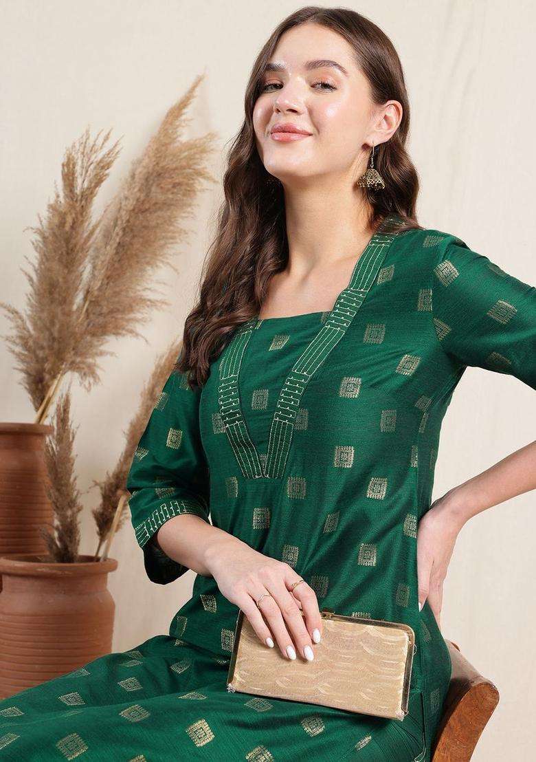 Green Woven Design Silk Blend Kurta Set - Indya