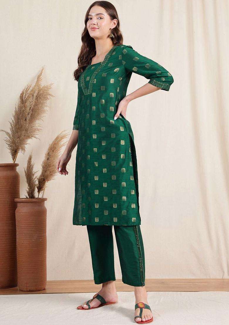 Green Woven Design Silk Blend Kurta Set - Indya