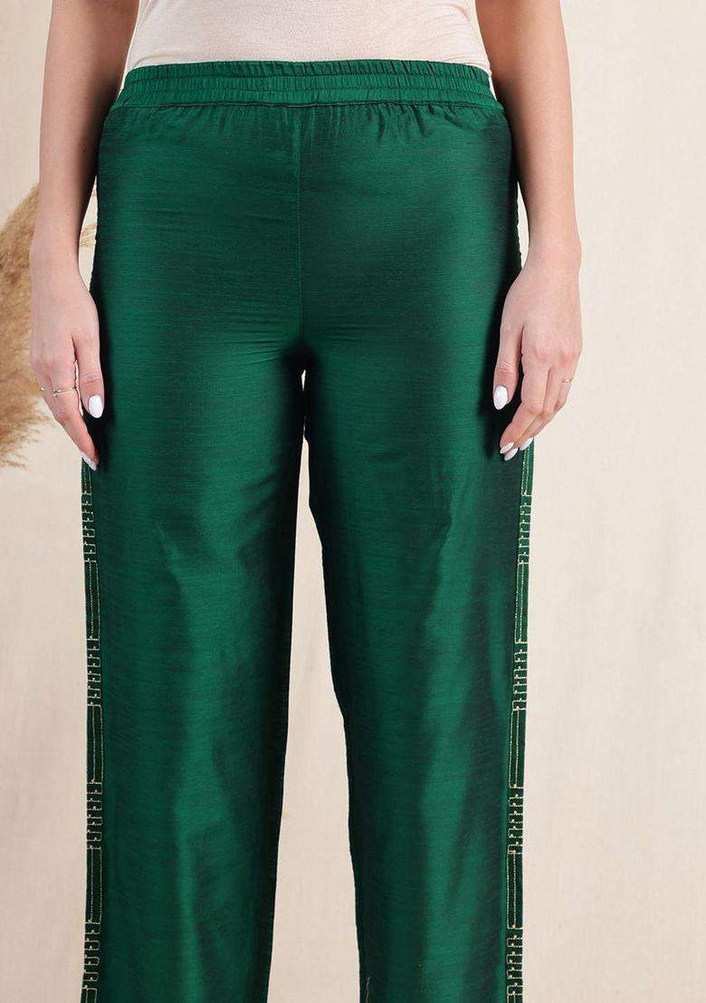 Green Woven Design Silk Blend Kurta Set - Indya