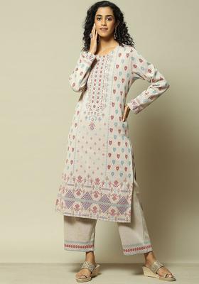 Beige Embroidered Cotton Kurta Set