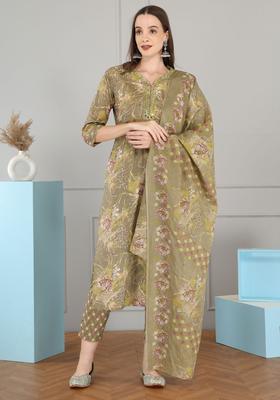 Olive Printed Cotton Kurta Set
