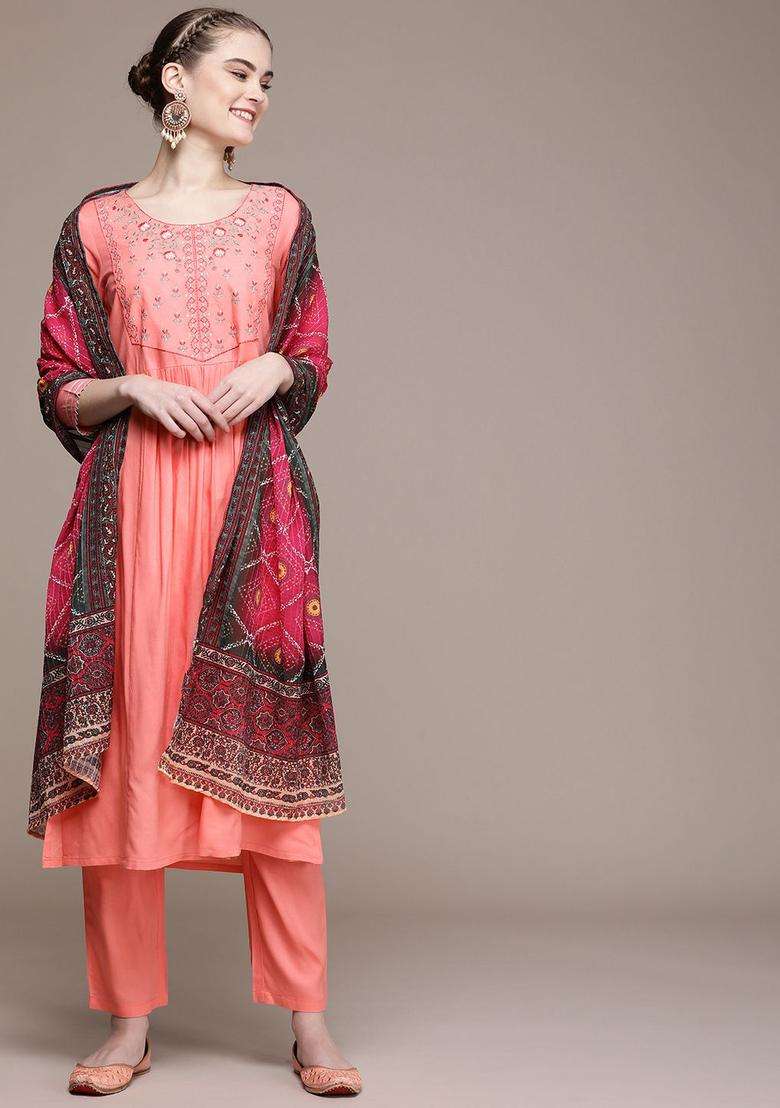 Coral Yoke Design Cotton Kurta Set - Indya