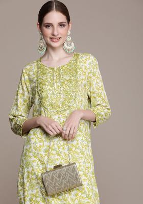 Lime Green Embroidered Viscose Kurta Set