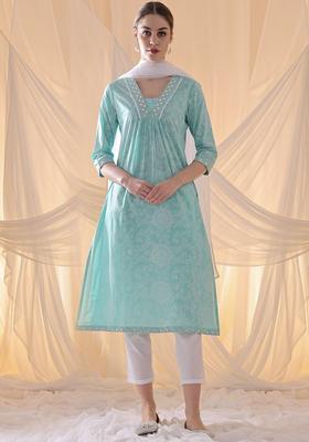 Turquoise Blue Printed Cotton Kurta Set