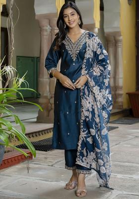 Teal Embroidered Viscose Kurta Set