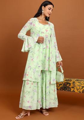 Green Printed Polyester Sharara Set