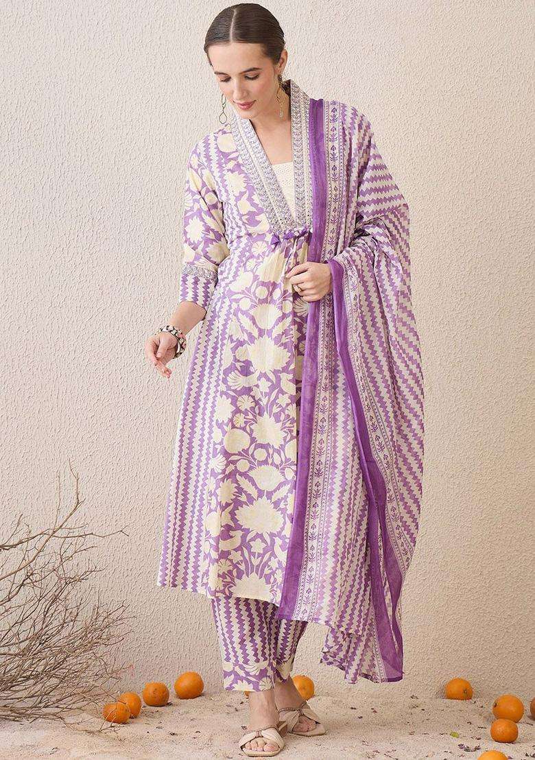 Lavender Printed Cotton Kurta Set - Indya