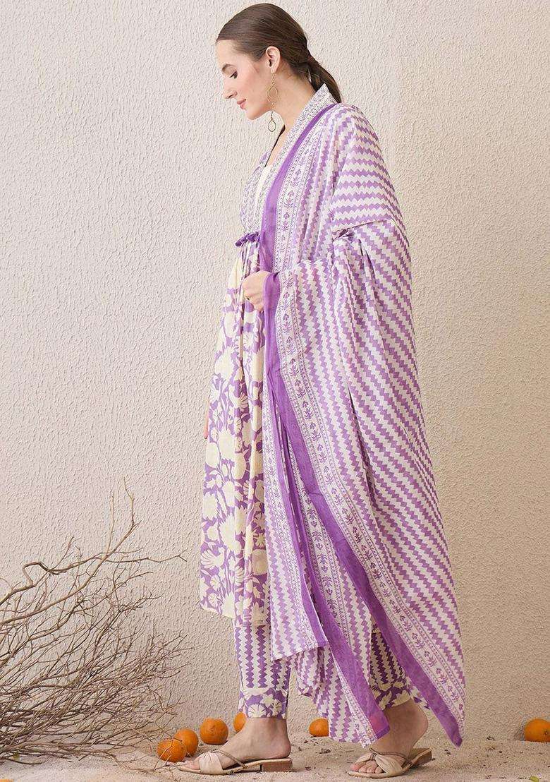Lavender Printed Cotton Kurta Set - Indya