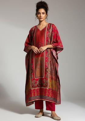 Fuchsia Printed Silk Kurta Set