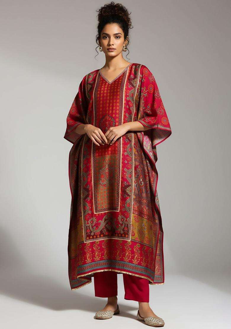 Fuchsia Printed Silk Blend Kurta Set - Indya