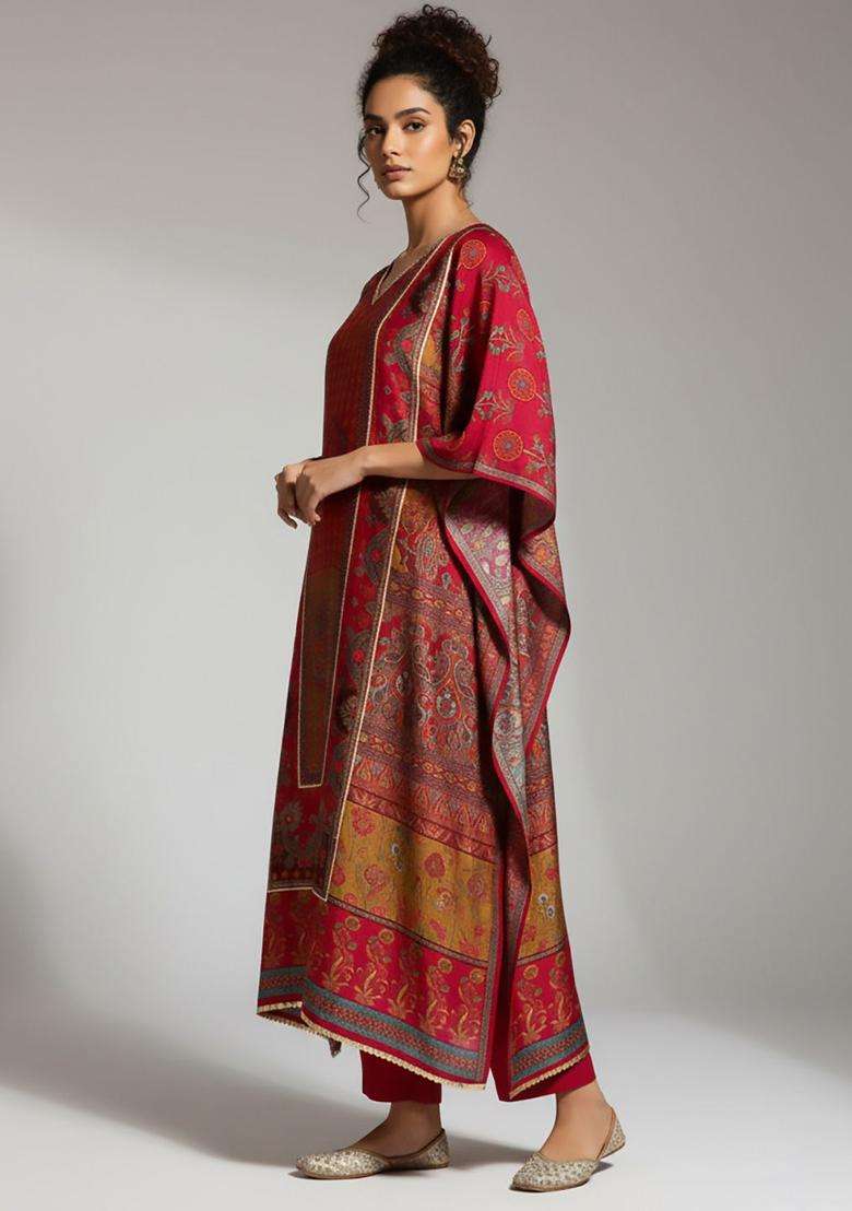 Fuchsia Printed Silk Blend Kurta Set - Indya