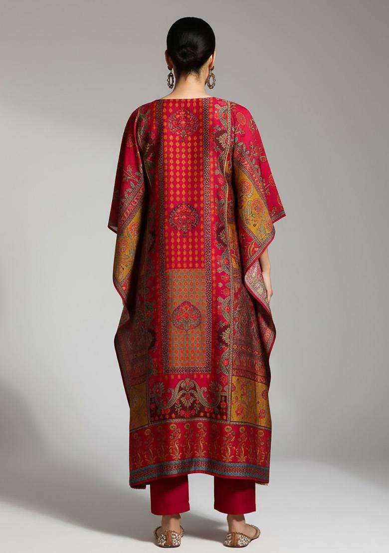 Fuchsia Printed Silk Blend Kurta Set - Indya