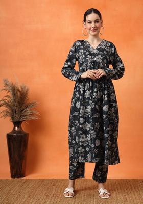 Grey Printed Silk Kurta Set
