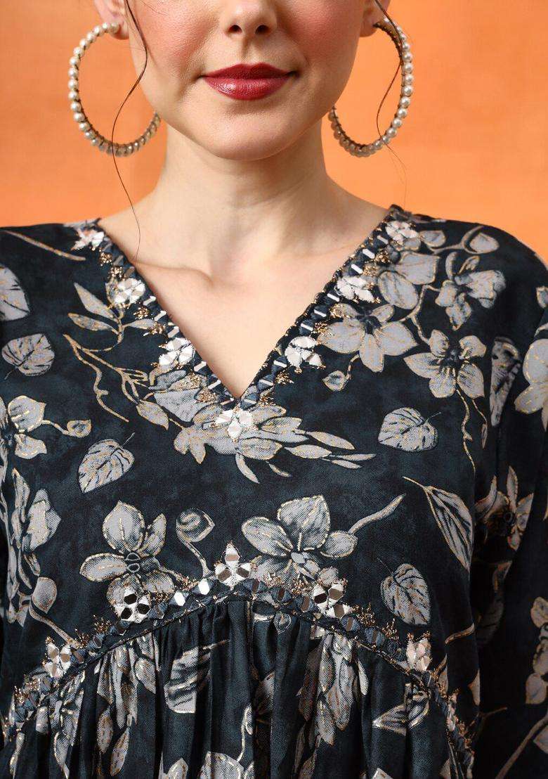 Grey Printed Silk Blend Kurta Set - Indya