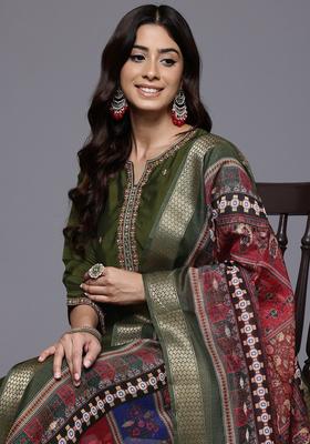 Olive Embroidered Silk Blend Kurta Set