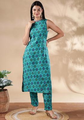 Blue Printed Cotton Kurta Set