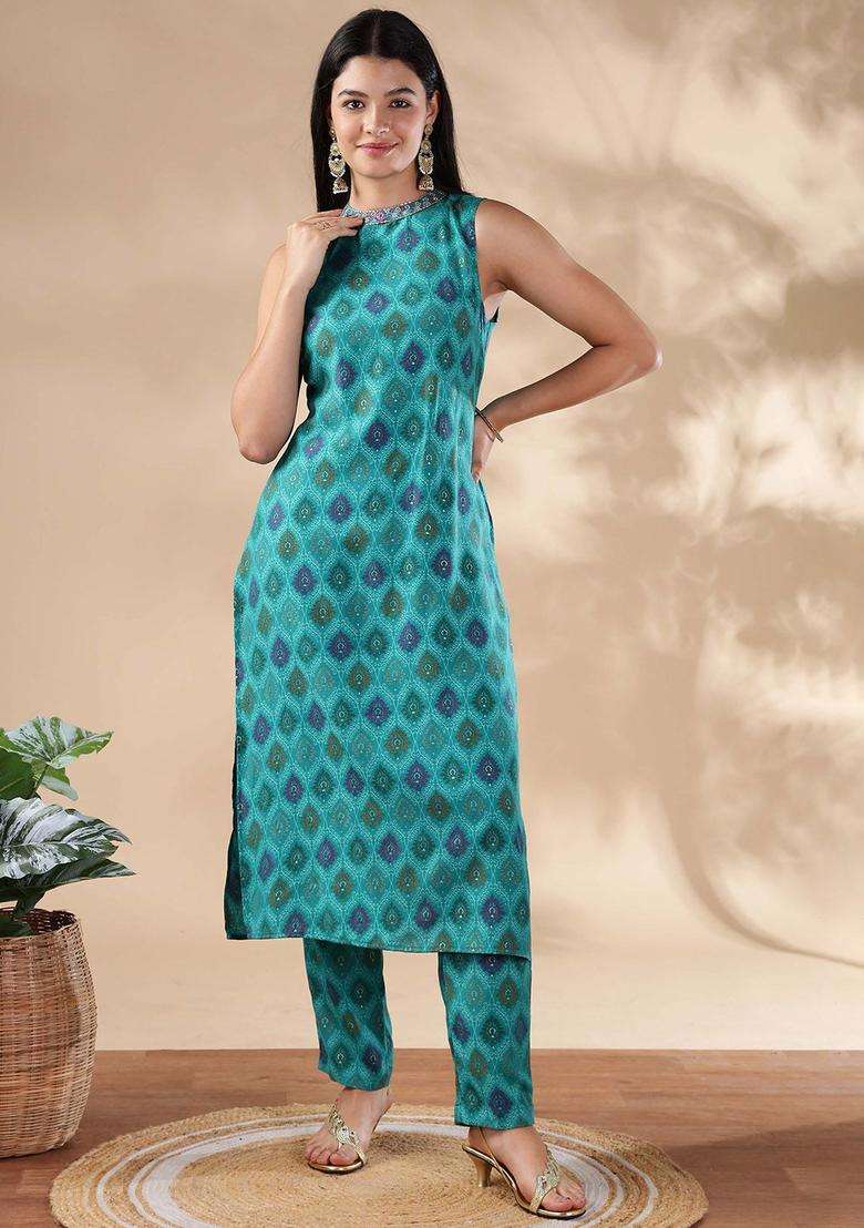 Blue Printed Cotton Kurta Set - Indya