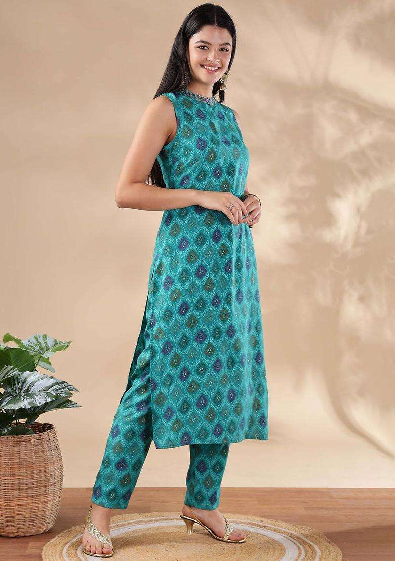 Blue Printed Cotton Kurta Set - Indya