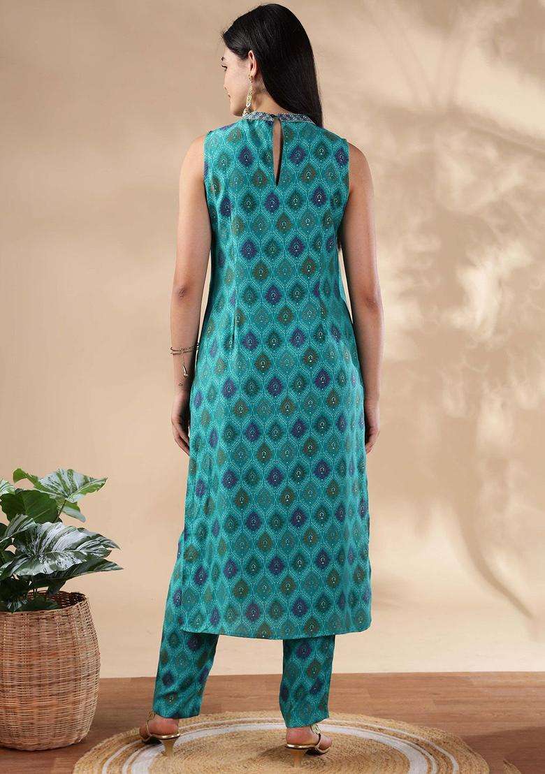 Blue Printed Cotton Kurta Set - Indya