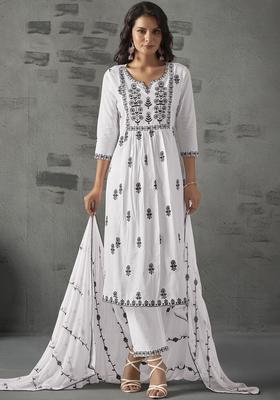 White Embroidered Cotton Anarkali Set