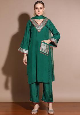 Green Solid Silk Blend Kurta Set