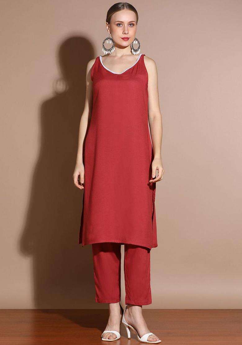 Maroon Solid Viscose Kurta Set - Indya
