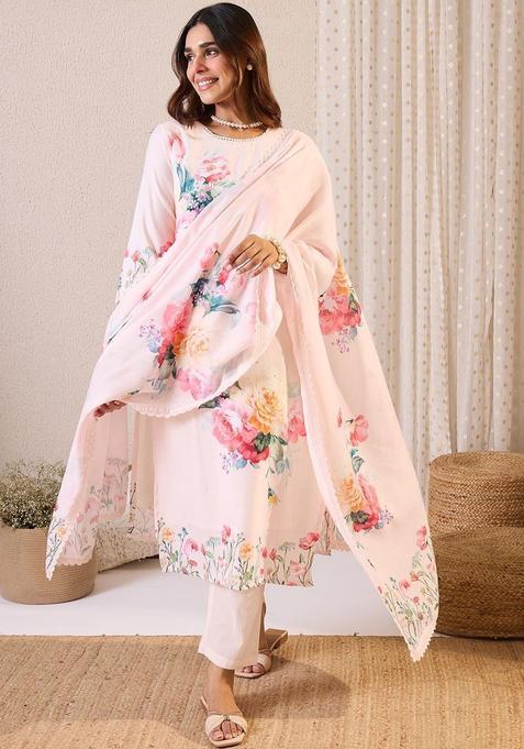 Peach Printed Linen Kurta Set — view on Indya