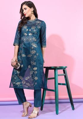 Teal Printed Cotton Kurta Set