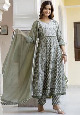 Green Printed Cotton Anarkali Set