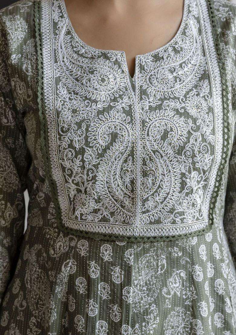 Green Printed Cotton Anarkali Set - Indya
