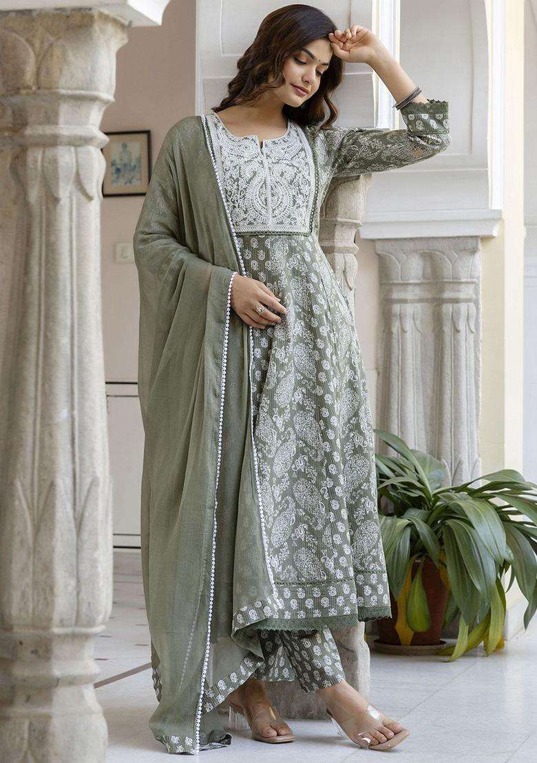 Green Printed Cotton Anarkali Set - Indya