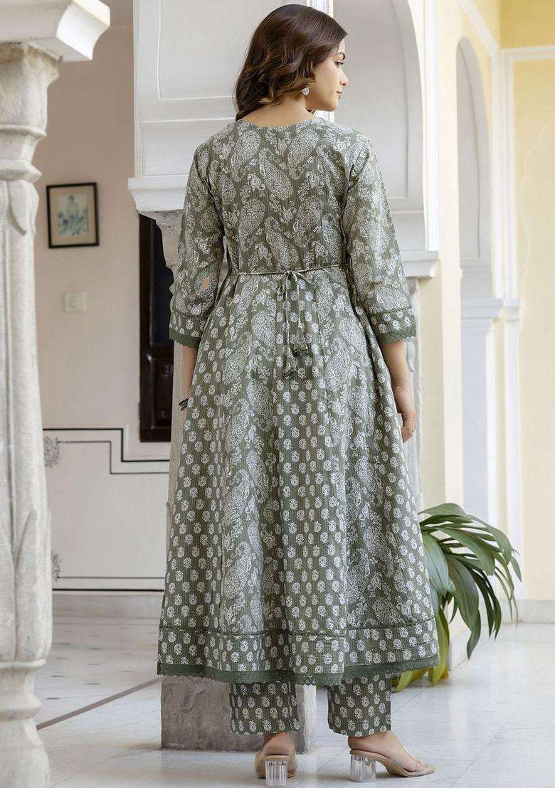 Green Printed Cotton Anarkali Set - Indya