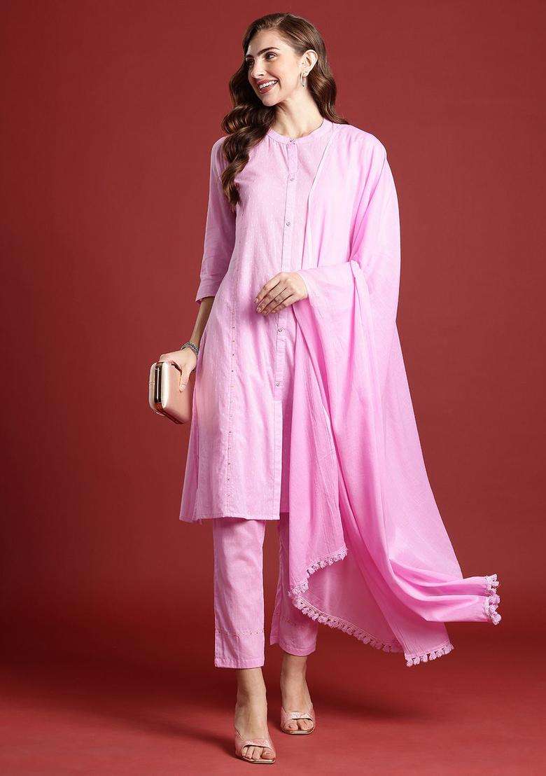 Pink Woven Design Cotton Kurta Set - Indya