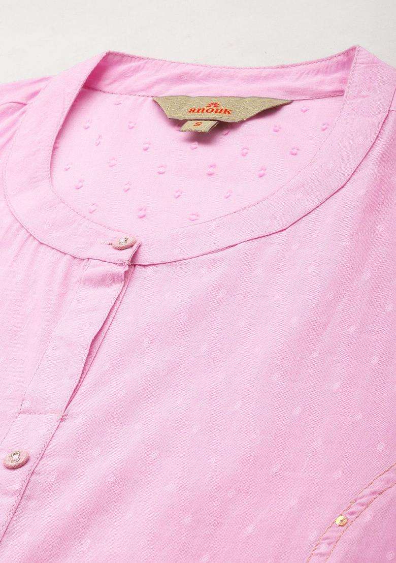 Pink Woven Design Cotton Kurta Set - Indya