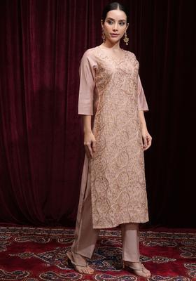 Peach Embroidered Polyester Kurta Set