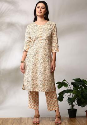 Cream Printed Cotton Kurta Set