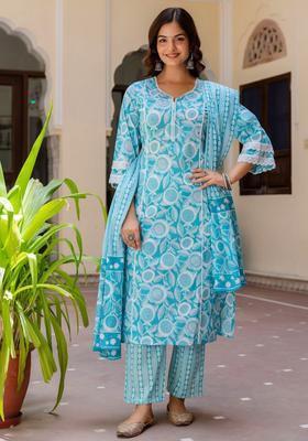 Turquoise Blue Printed Cotton Kurta Set