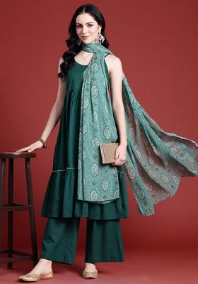 Green Solid Cotton Kurta Set