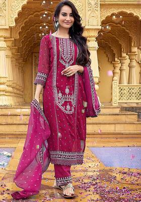 Maroon Embroidered Georgette Kurta Set