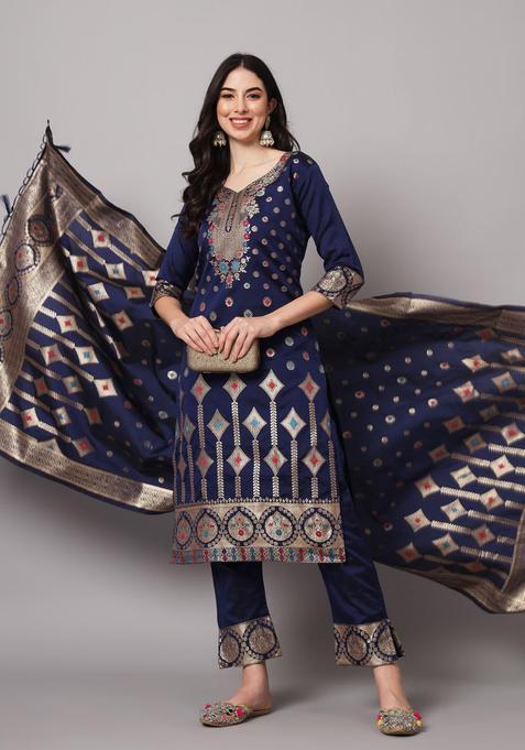 Blue Woven Design Silk Kurta Set — view on Indya
