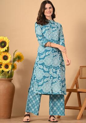 Teal Printed Cotton Kurta Set