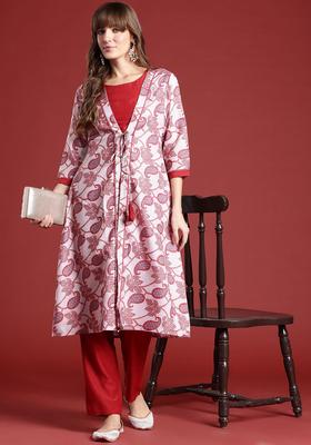 Maroon Printed Polyester Kurta Set