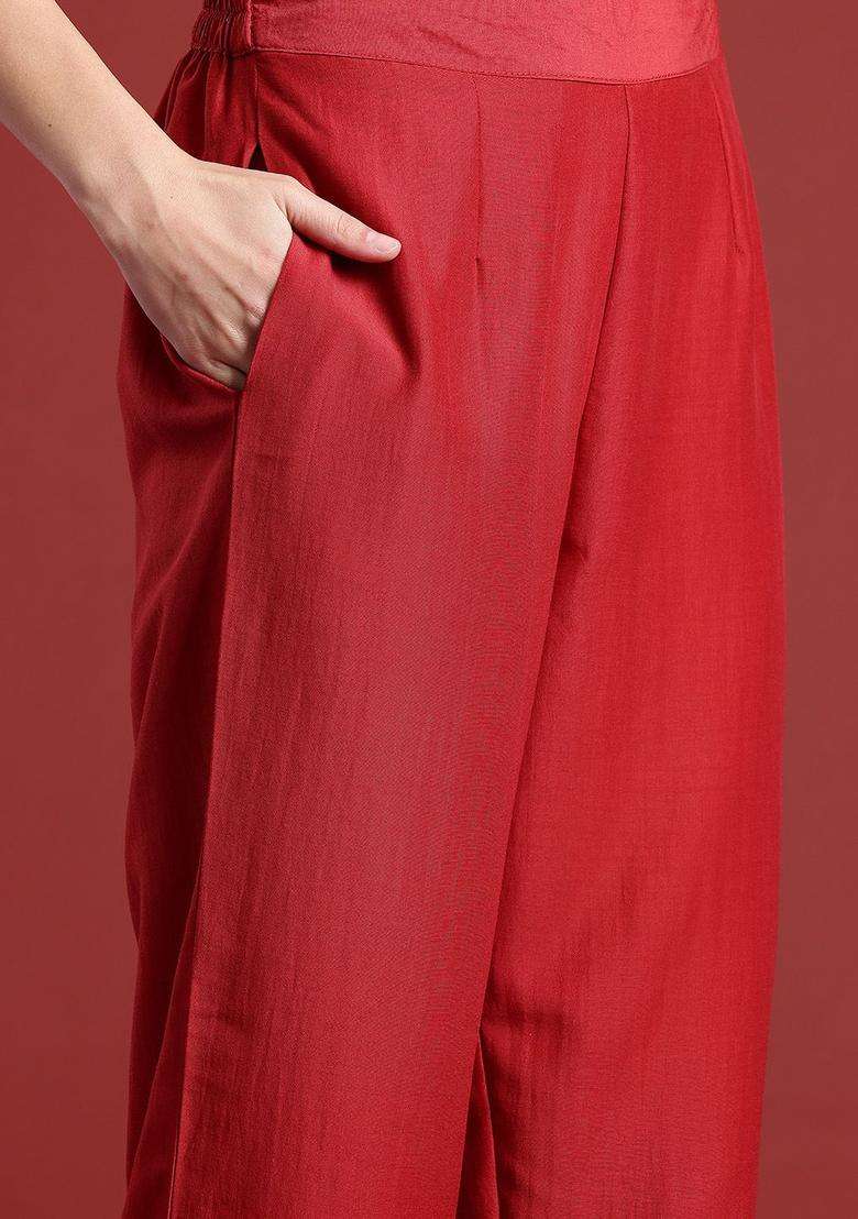 Maroon Printed Polyester Kurta Set - Indya