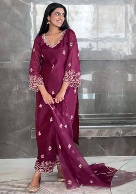 Magenta Embroidered Silk Kurta Set