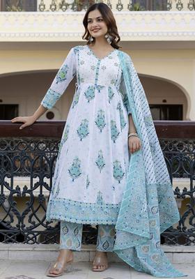 Turquoise Blue Printed Cotton Kurta Set