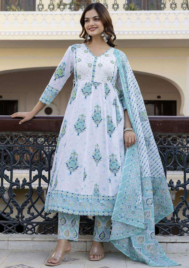 Turquoise Blue Printed Cotton Kurta Set - Indya