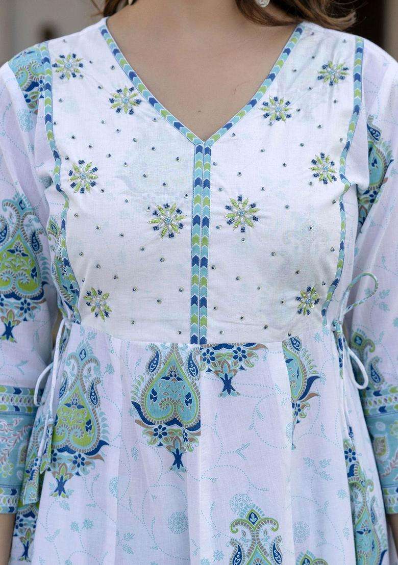 Turquoise Blue Printed Cotton Kurta Set - Indya