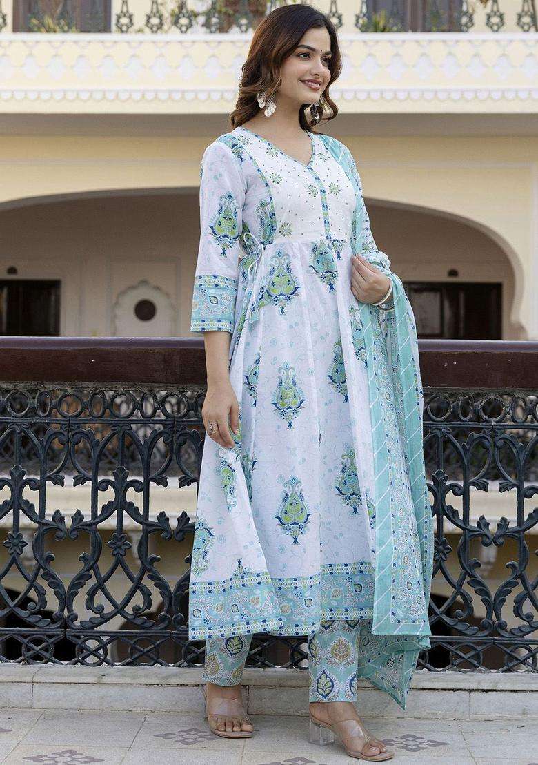 Turquoise Blue Printed Cotton Kurta Set - Indya