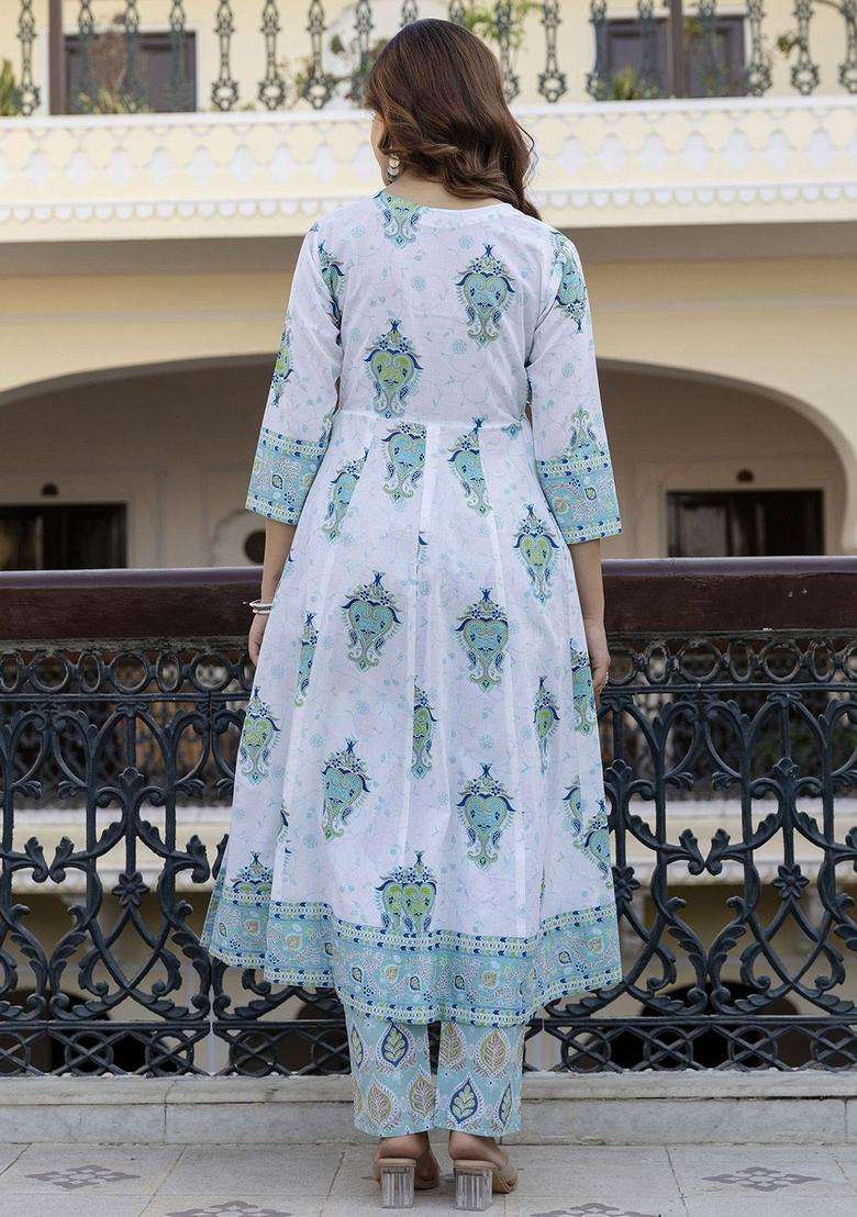 Turquoise Blue Printed Cotton Kurta Set - Indya