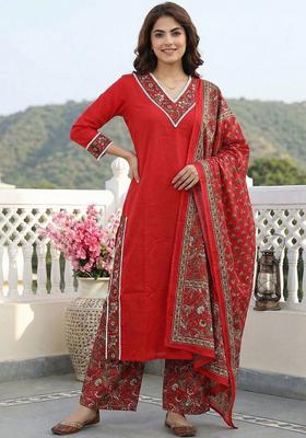 Red Solid Cotton Kurta Set